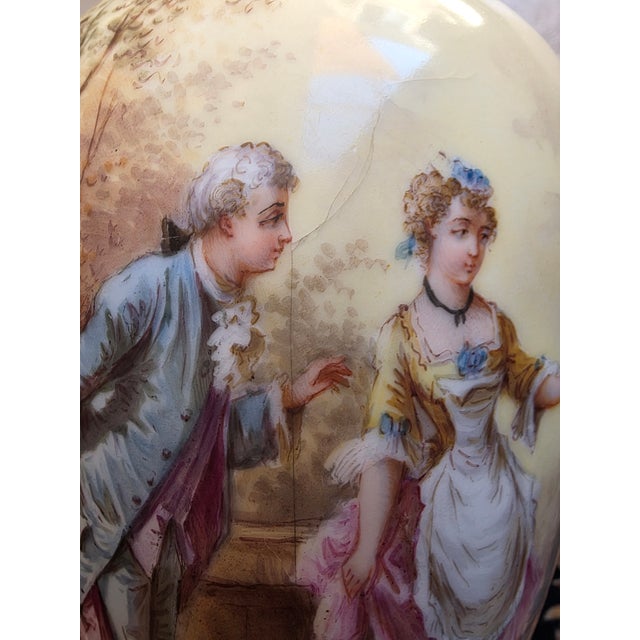 Metal Pair of Antique French A. Daret Hand-Painted Porcelain & Gilt Bronze (Ormolu) Covered Urns With Romantic Rococo Scenes – 16" For Sale - Image 7 of 8