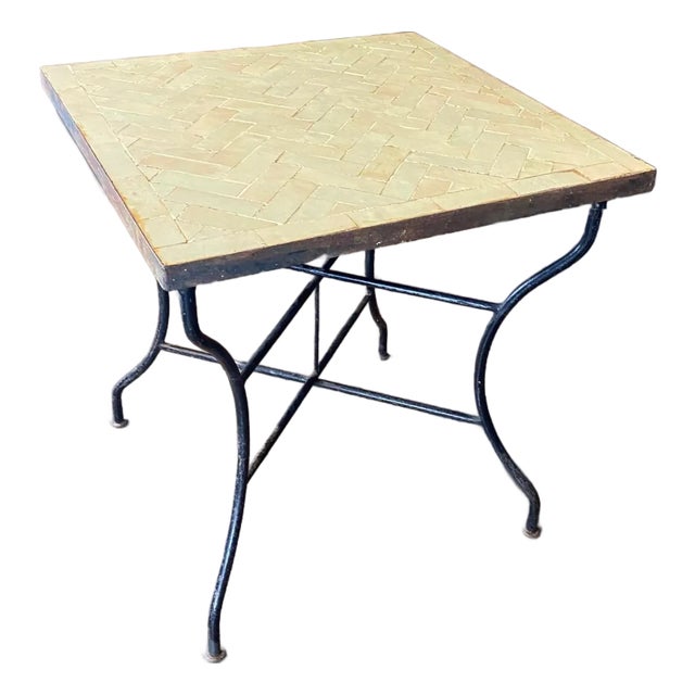 Antique Mosaic Bistro Side Table With Herringbone Iridescent Tiles For Sale