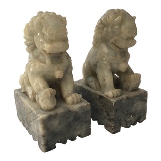 Pair of Carved Chinese Soapstone Foo Dog Bookends For Sale