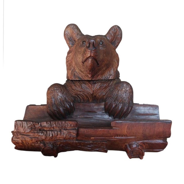 Antique carved wooden inkwell with glass insert (bear – brienz, ca. 1880–1910, with later t.y. Paris inkwell) this unique...