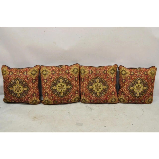 Red (4) Contemporary Mediterranean Red and Brown Tapestry Faux Leather Throw Pillows For Sale - Image 8 of 8