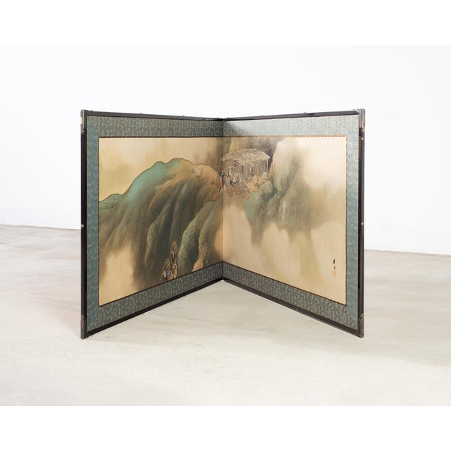 Japanese Taisho Two-Panel Landscape Screen Traveler Waystation For Sale - Image 13 of 18