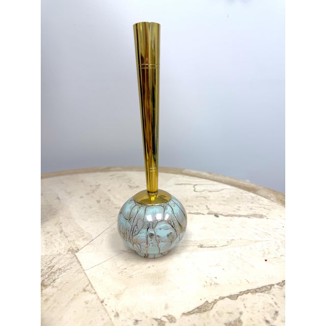 Delft Holland Brass and Ceramic Bud Vase Hand Painted Delft ceramic vase— Brass neck and blue ceramic, hand painted base—...