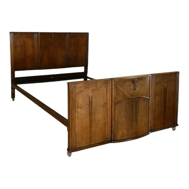 Art Deco Walnut Brown Double Frame Bed on Wheels from C.W.S For Sale