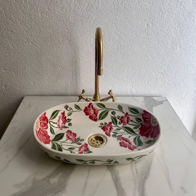 Red Flower Oval Vessel Sink, Hand-Painted Moroccan Ceramic Bathroom Basin For Sale - Image 4 of 9