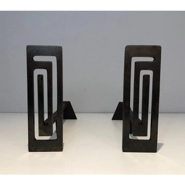 1970s Steel and Iron Modernist Andirons - A Pair For Sale - Image 6 of 13