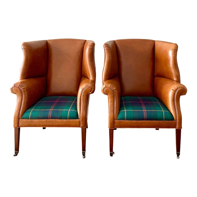 Ralph Lauren Custom Leather & Wexford Plaid Hepplewhite Wing Chairs a