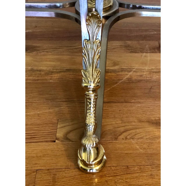 Vintage Jansen Style Neoclassical Oval Brushed Steel & Brass Glass Top Coffee Cocktail Table For Sale - Image 10 of 11