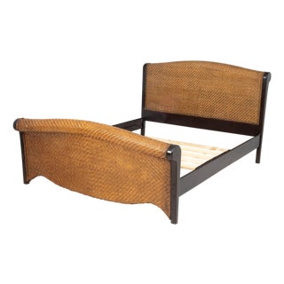 Rattan and Ebonized Wood Queen Sleigh Bed Frame For Sale