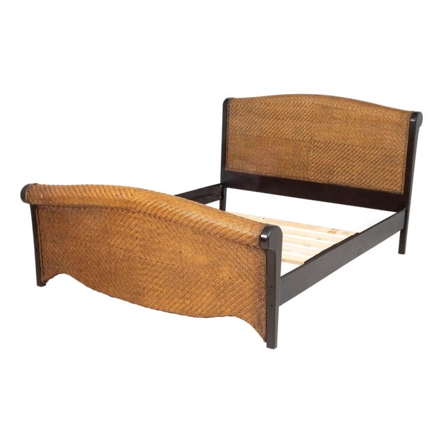 Rattan and Ebonized Wood Queen Sleigh Bed Frame For Sale