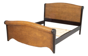 Rattan and Ebonized Wood Queen Sleigh Bed Frame