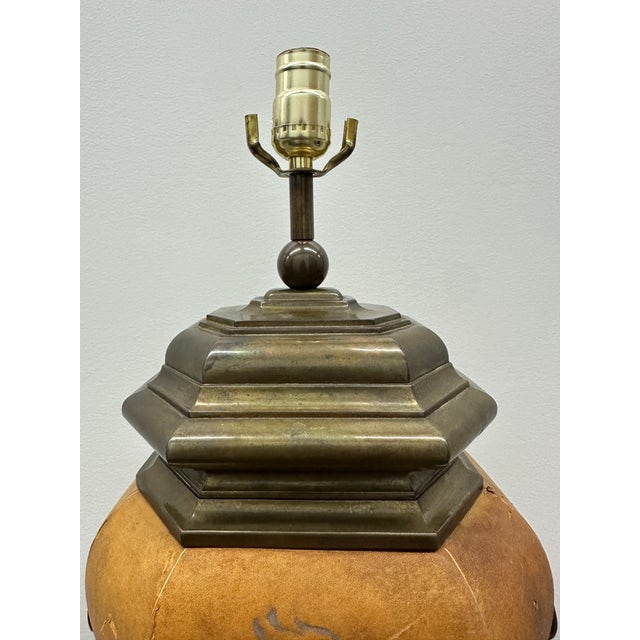 Vintage Attributed to Chapman, Brass and Leather Table Lamp With Embossed Guardian Lion For Sale In Nashville - Image 6 of 11