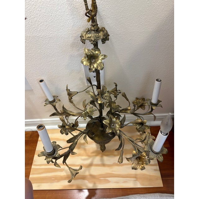 Brass spun handmade vintage chandelier from 1970s - Original chain and canopy - handmade metal lillies - confirmed with...
