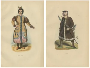 Wahlen, Yakut People in Traditional Attire, 1844, Handcolored Lithographs, Set of 2