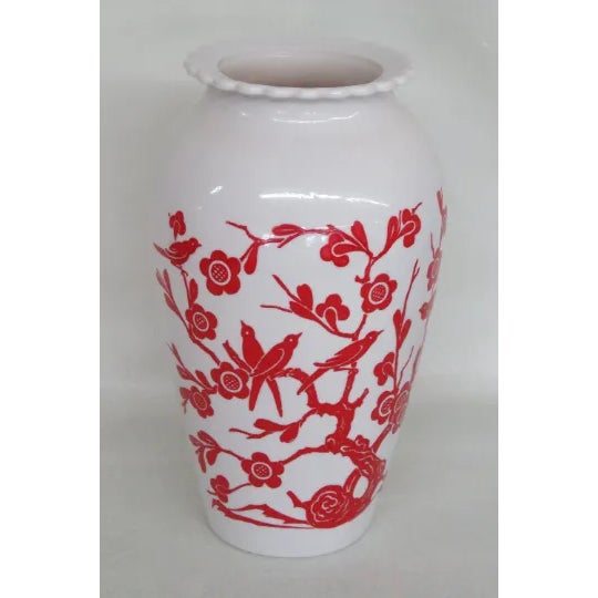Traditional Anchor Hocking Red Birds Cherry Blossoms Flower Milk Glass Vase For Sale - Image 3 of 11