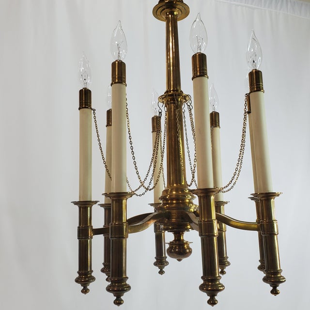 1970s Mid Century Modern Chapman Brass 8-Light Candlestick Chandelier For Sale In Austin - Image 6 of 12