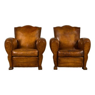 1920s French Art Deco Scalloped Back Cognac Leather Club Chairs – A Pair For Sale