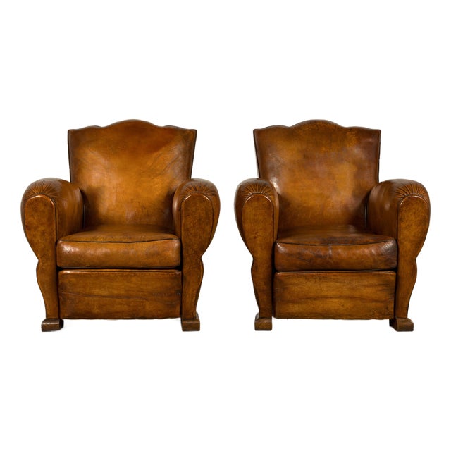 1920s French Art Deco Scalloped Back Cognac Leather Club Chairs – A Pair For Sale
