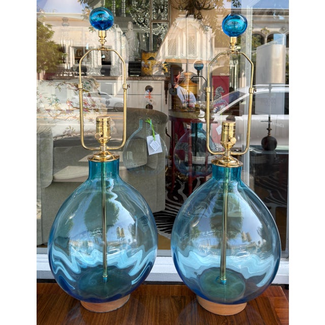Arteriors Home Pair of Arteriors Cerulean Blue Glass Tables Lamps For Sale - Image 4 of 9