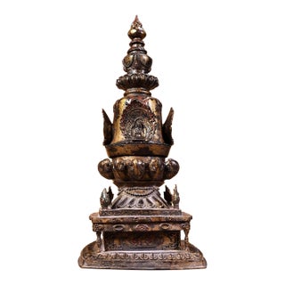 Large Vintage Gilt Bronze Tibetan Stupa - Himalayan Buddhist Chorten Altar Shrine For Sale