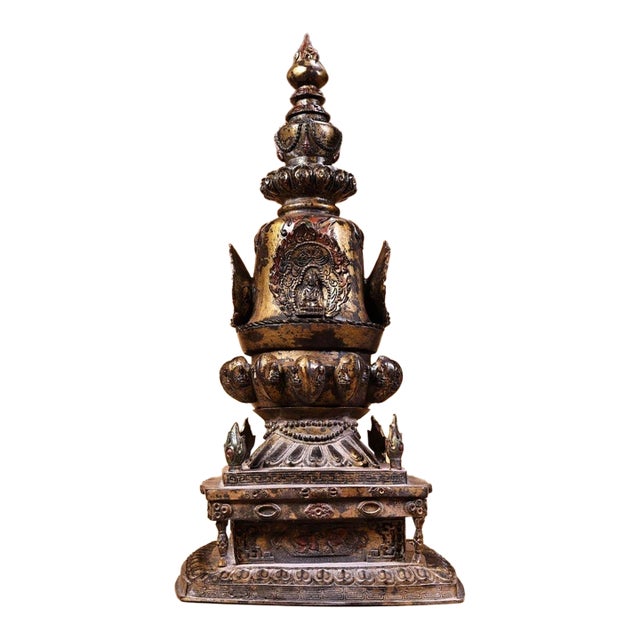 Large Vintage Gilt Bronze Tibetan Stupa - Himalayan Buddhist Chorten Altar Shrine For Sale