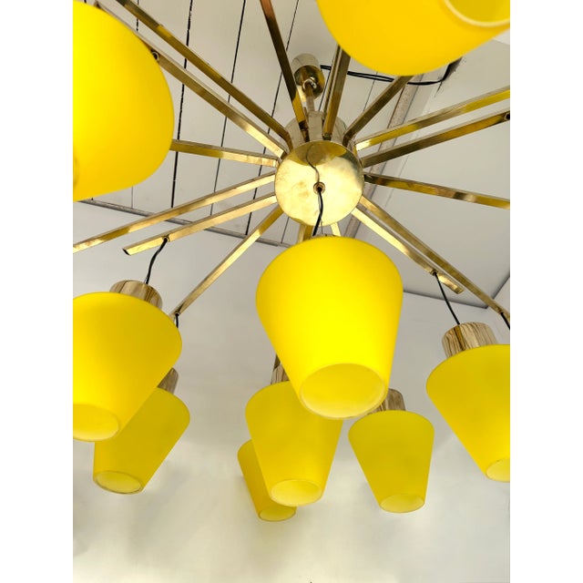 Metal Large Contemporary Brass Chandelier Yellow Murano Glass Cup, Italy For Sale - Image 7 of 12