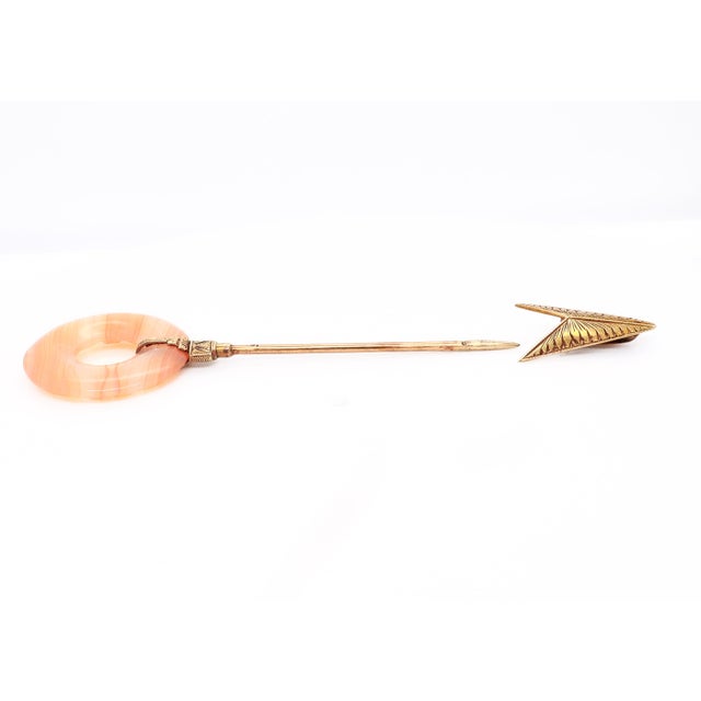 Peach Antique Art Deco 14k Gold and Carved Agate Jabot Pin For Sale - Image 8 of 15