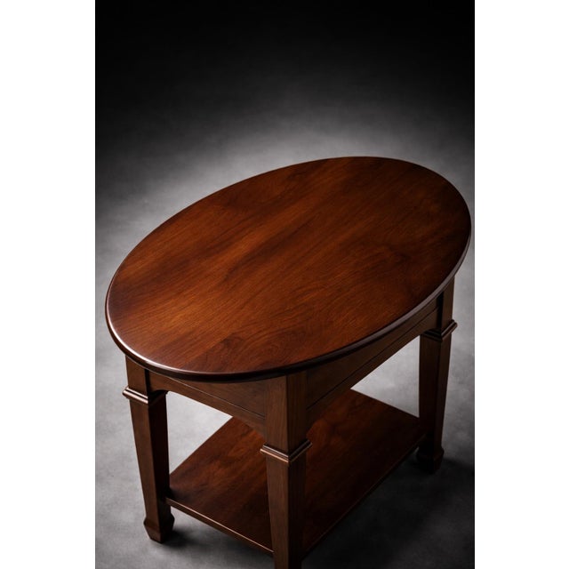 Late 20th Century Solid Wood Oval Side Table / Nightstand in Old Chapel Satin Walnut With Lower Shelf For Sale - Image 4 of 6
