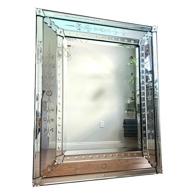 Contemporary 1980s Venetian Etched Glass Wall Mirror – Floral Beveled Rectangular Design For Sale - Image 3 of 11