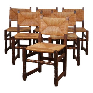 French Straw-Seated Wooden Chairs, 1950s, Set of 6 For Sale