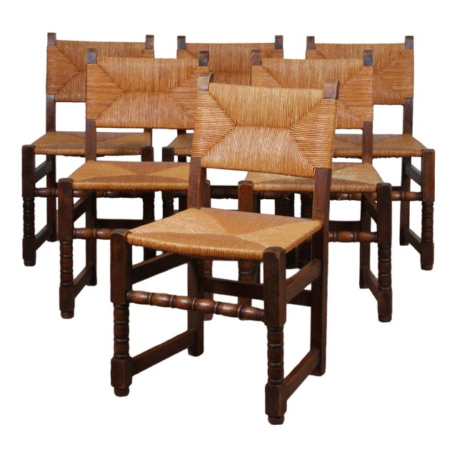 French Straw-Seated Wooden Chairs, 1950s, Set of 6 For Sale