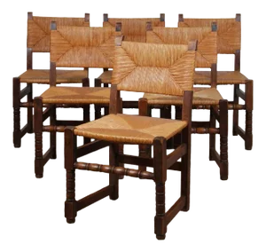 French Straw-Seated Wooden Chairs, 1950s, Set of 6