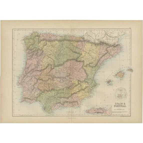 Antique Map of Spain and Portugal by A. & C. Black, 1870 For Sale