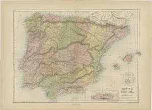 Antique Map of Spain and Portugal by A. & C. Black, 1870