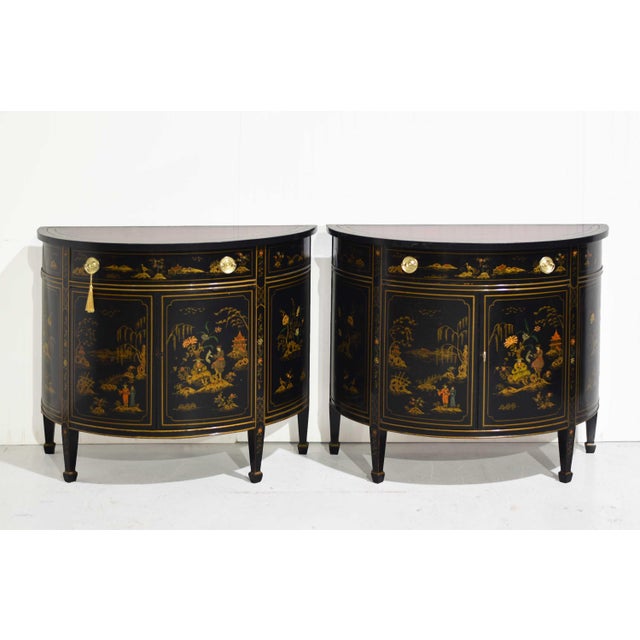 Chinoiserie Mid Century French Chinoiserie Leather Top DemiLune Commode - A Pair For Sale - Image 3 of 14