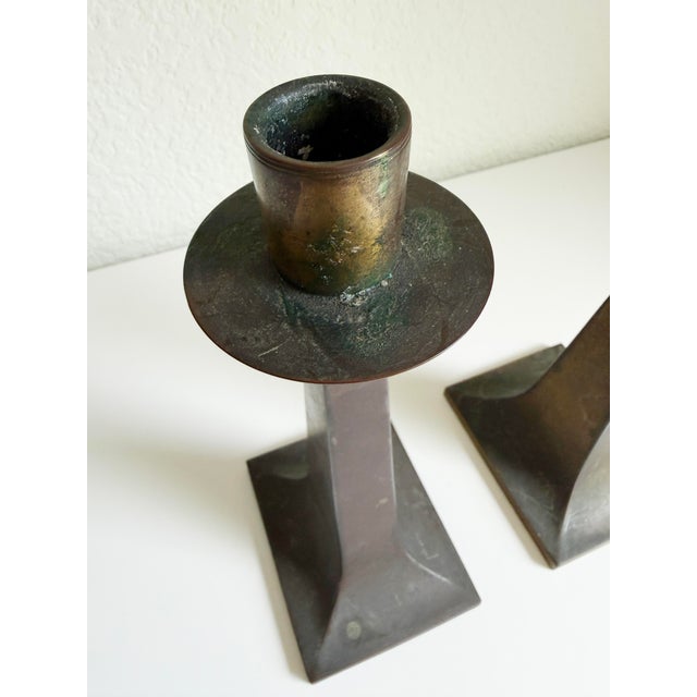 Early 20th Century Arts & Crafts Era Brass Candle Holders, a Pair, Early 20th C For Sale - Image 5 of 11
