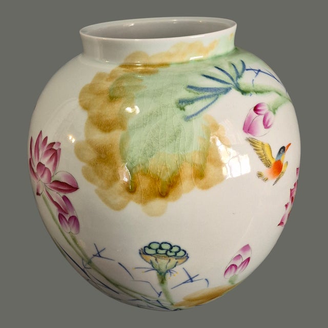 Asian Vintage Asian Famille-Rose Lotus Floral Bird Calligraphy Poem by "Du Fu" Large Vase Marked For Sale - Image 3 of 11