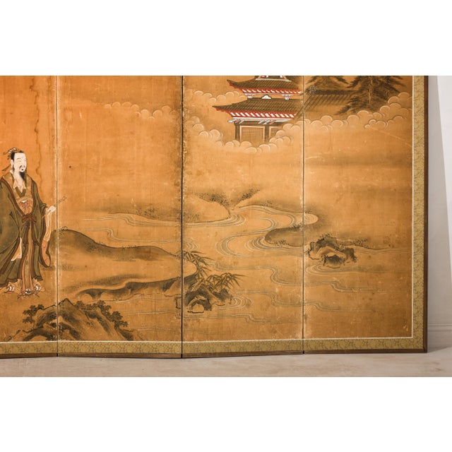 Japanese Meiji Six-Panel Folding Screen with Courtly Landscape and Pavilion For Sale - Image 11 of 12