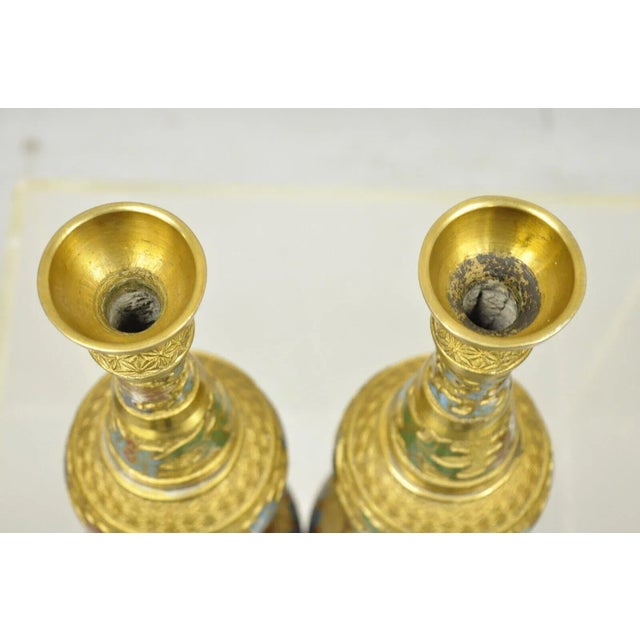 Vintage Japanese Cloisonne Enamel 13" Bronze Candlesticks Lamp Base - a Pair For Sale - Image 9 of 12