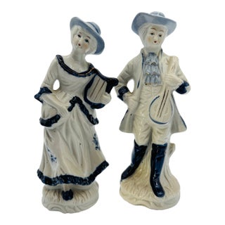 Vintage 8" Blue and White Porclain Musician Figurines With Gold Trim For Sale