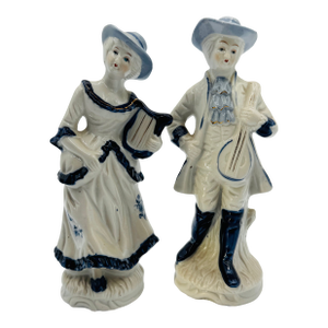 Vintage 8" Blue and White Porclain Musician Figurines With Gold Trim