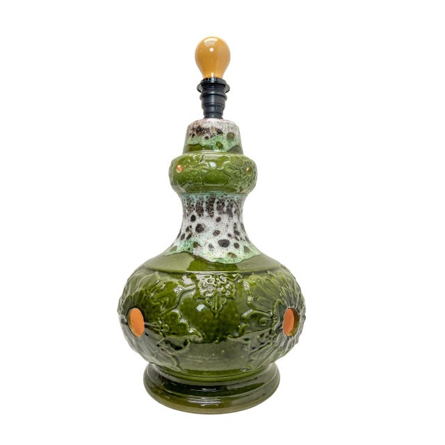 Vintage Mid Century Fat Lava Ceramic Lamp Green glaze with relief and translucent round openings. Very beautiful quality...