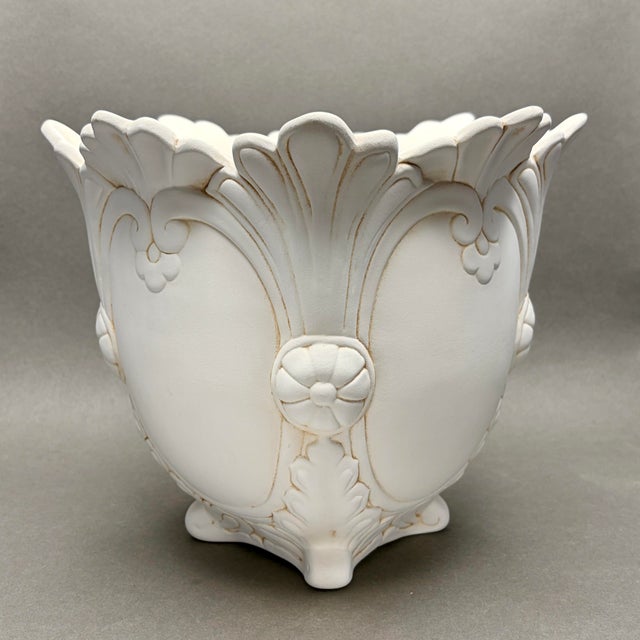 Vintage Neoclassical Rococo Revival White Bisque Ceramic Footed Jardiniere Planter For Sale In New York - Image 6 of 11
