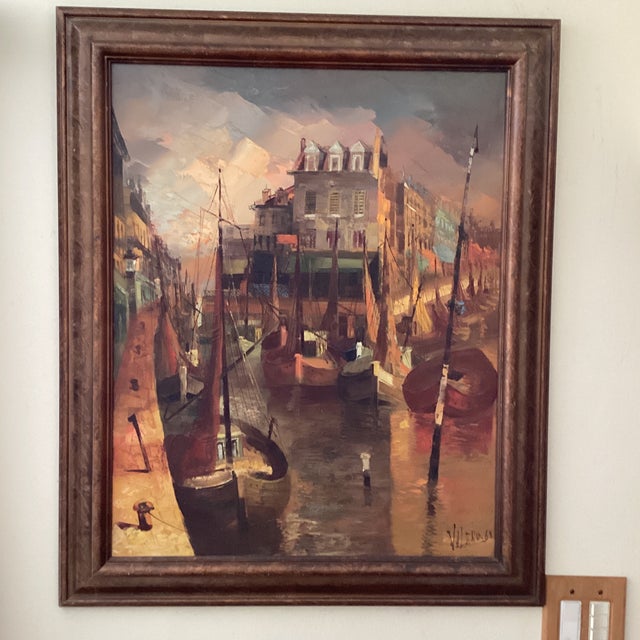 The product is a vintage impressionistic painting of a Harbor scene, created on canvas in 1968. It is an original piece...