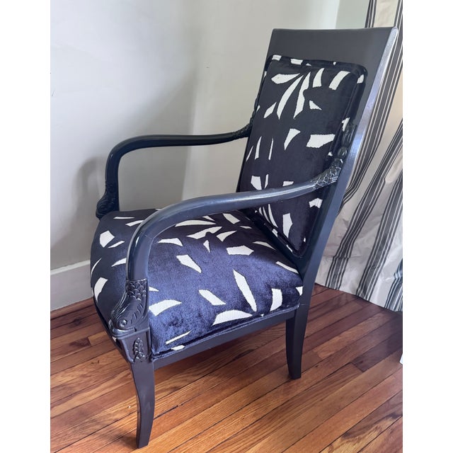 Pair of Mid 20th Century Lacquered Neoclassical Dolphin Armchairs ~ New Upholstery For Sale In Saint Louis - Image 6 of 17