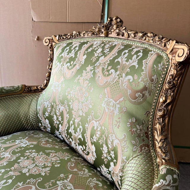 2010s Italian Style Wingback Chair – Military Green Damask Fabric, Gold Accents For Sale - Image 5 of 7