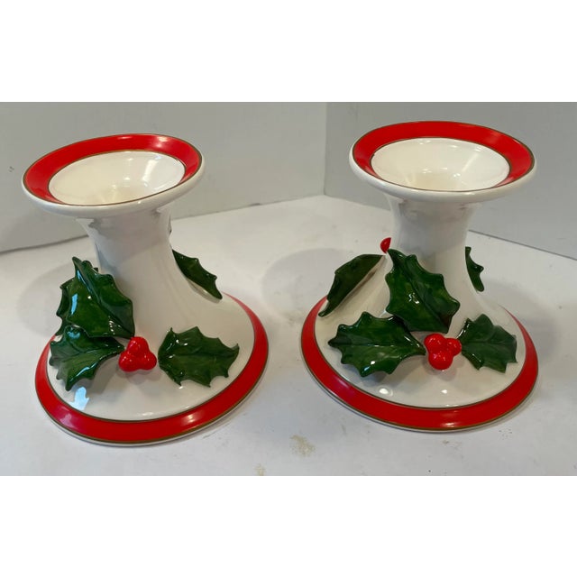 Pretty vintage Fitz and Floyd hand painted candle holders with a poinsettia design.