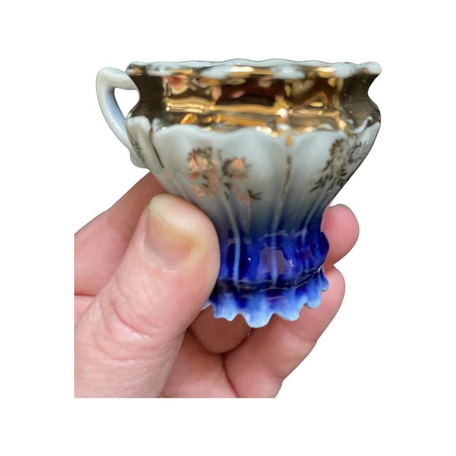 Vintage/Antique German Cobalt Flow Blue/Gold Demitasse Mini Teacup & Saucer For Sale - Image 4 of 8