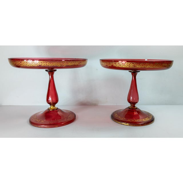 Traditional 19th Century Pair of Bohemian Red Cranberry Glass Centerpiece Compotes or Tazza For Sale - Image 3 of 16