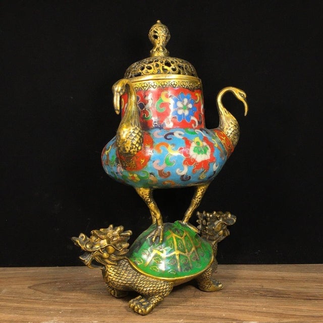 Chinese Cloisonné Enamel Turtle & Crane Incense Burner For Sale - Image 3 of 9